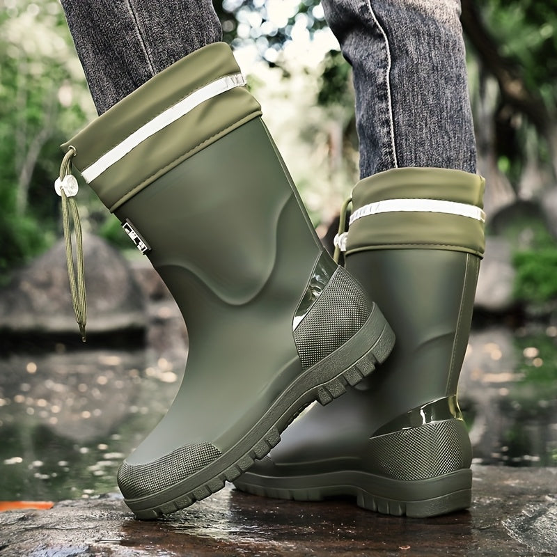 Men's Rubber Rain Boots - Mid-Calf Waterproof - Drawstring Collar