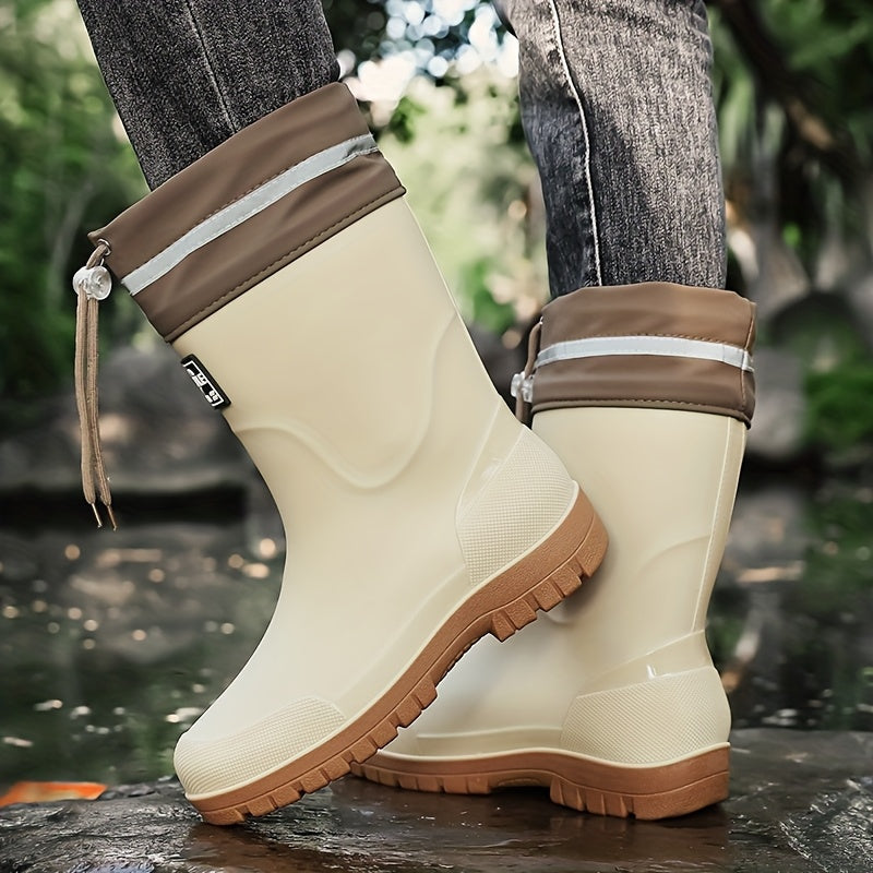 Men's Rubber Rain Boots - Mid-Calf Waterproof - Drawstring Collar