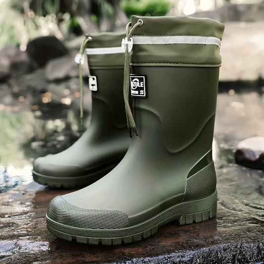 Men's Rubber Rain Boots - Mid-Calf Waterproof - Drawstring Collar