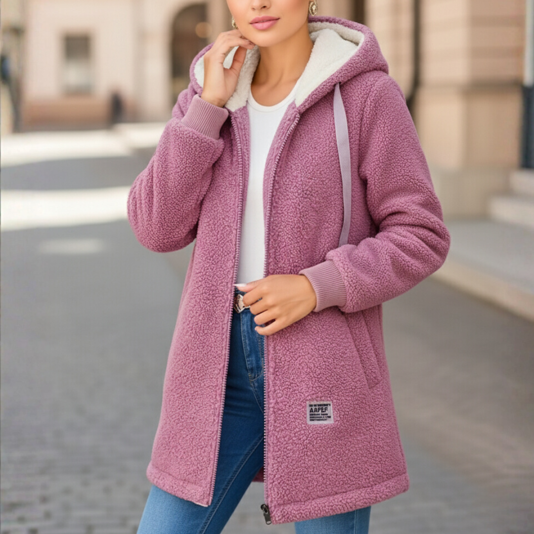 Women's Fleece Jacket with Hood - Soft Teddy Fleece - Two Pockets