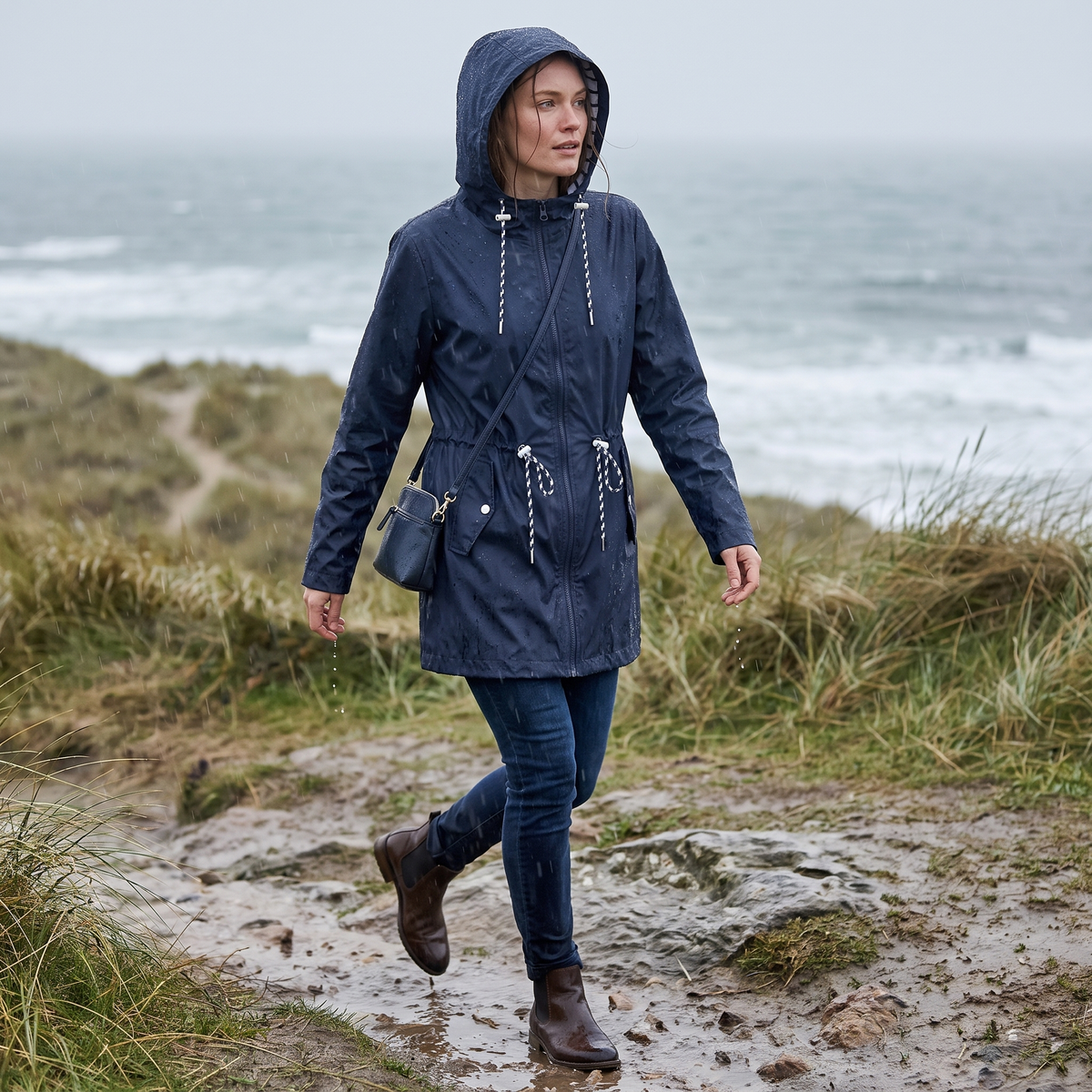 Women's Raincoat with Hood - Waterproof & Lightweight - Adjustable Waist
