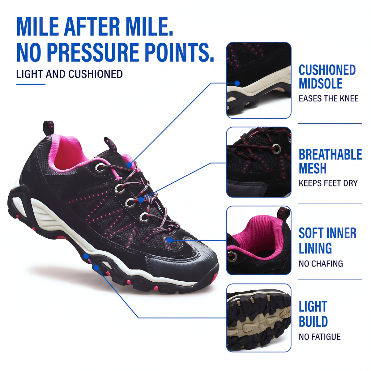 Women's Hiking Shoes - Lugged Sole - Suede & Mesh
