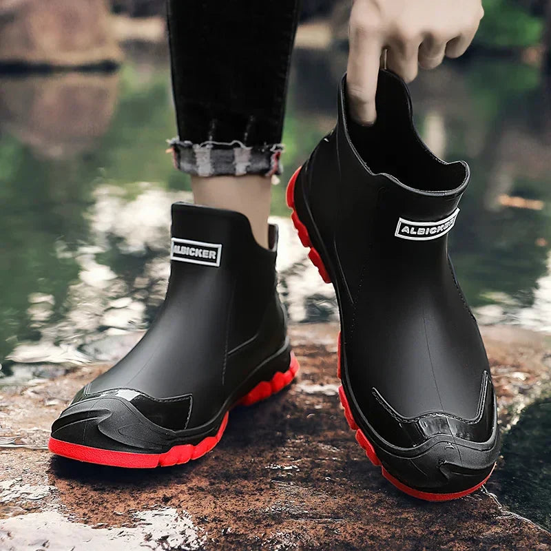 Men's Rubber Rain Boots - Waterproof Ankle Height - Easy Slip-On