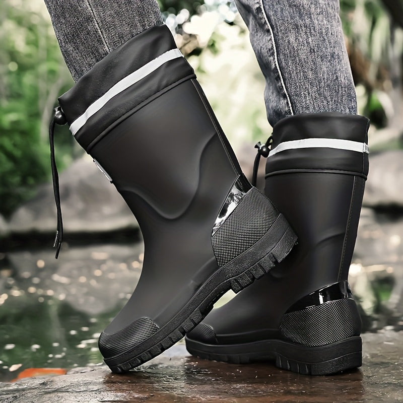Men's Rubber Rain Boots - Mid-Calf Waterproof - Drawstring Collar