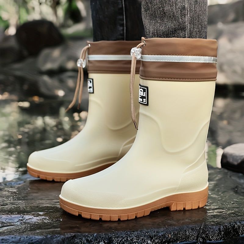 Men's Rubber Rain Boots - Mid-Calf Waterproof - Drawstring Collar