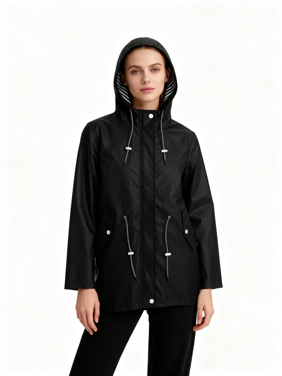 Women's Rain Jacket with Hood - Mid-Length Fishtail Hem - Water-Repellent