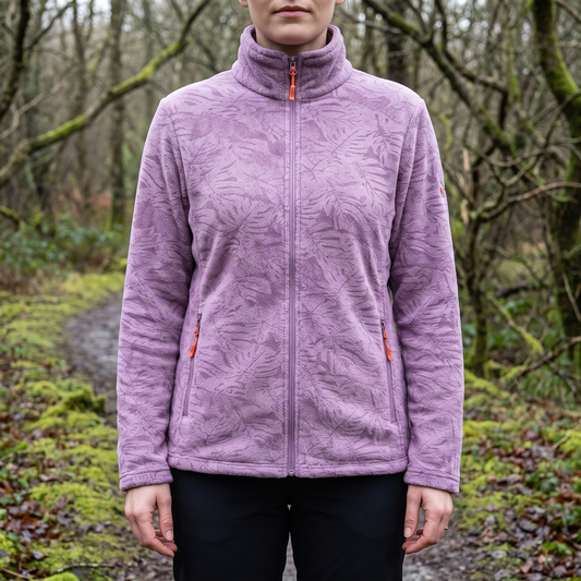 Women's Fleece Jacket - Stand Collar with Leaf Print - Zip Pockets