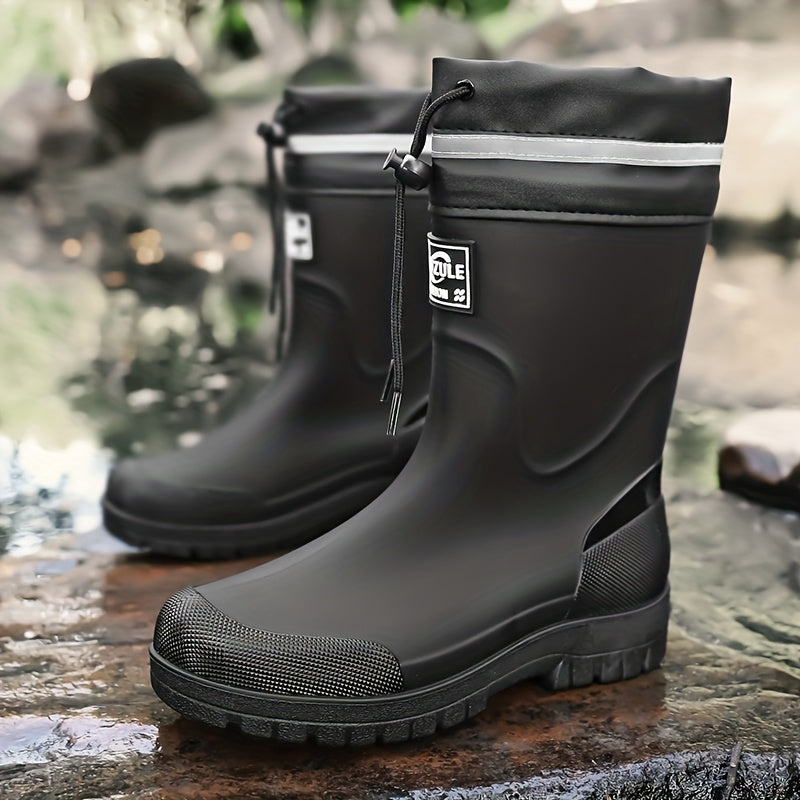 Men's Rubber Rain Boots - Mid-Calf Waterproof - Drawstring Collar
