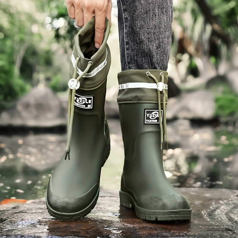 Men's Rubber Rain Boots - Mid-Calf Waterproof - Drawstring Collar