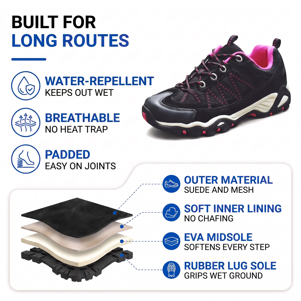 Women's Hiking Shoes - Lugged Sole - Suede & Mesh