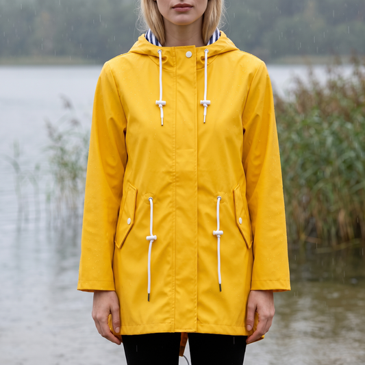 Women's Rain Jacket with Hood - Mid-Length Fishtail Hem - Water-Repellent