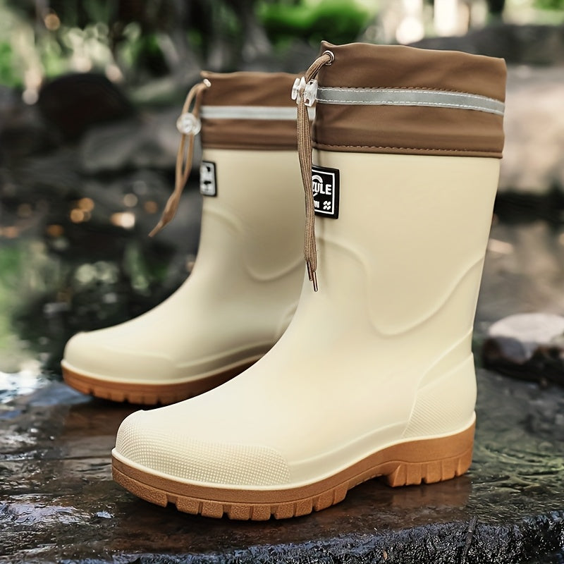 Men's Rubber Rain Boots - Mid-Calf Waterproof - Drawstring Collar