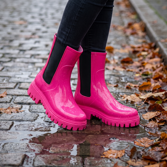 Women's Rubber Rain Boots - Chelsea Style Slip-On - Non-Slip Lug Sole