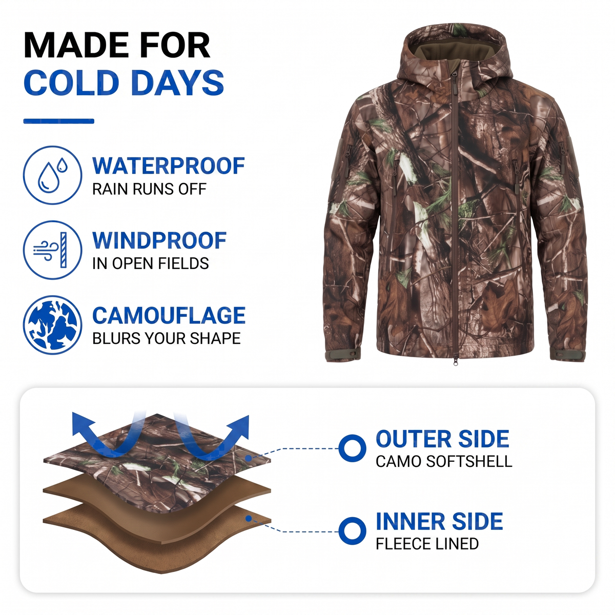 Men's Camo Hunting Jacket - Waterproof - Windproof