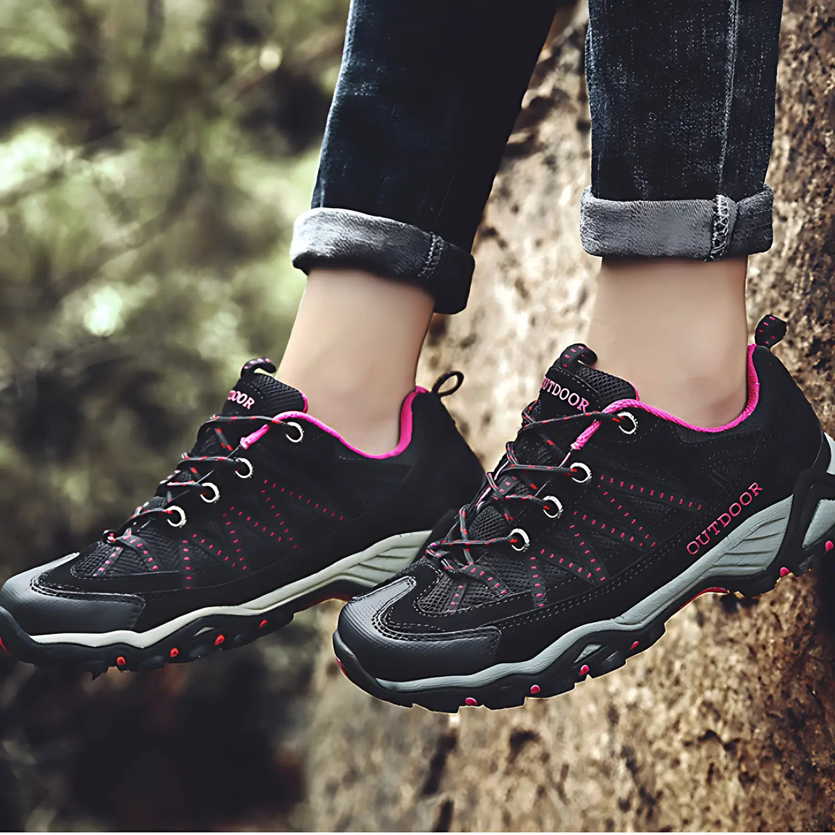 Women's Hiking Shoes - Lugged Sole - Suede & Mesh