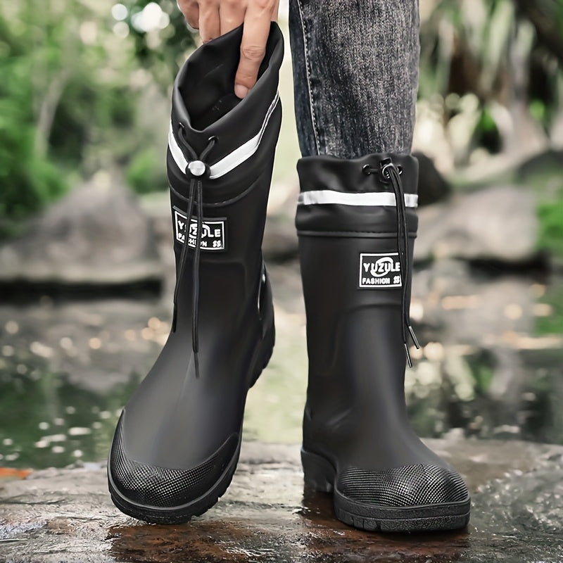 Men's Rubber Rain Boots - Mid-Calf Waterproof - Drawstring Collar