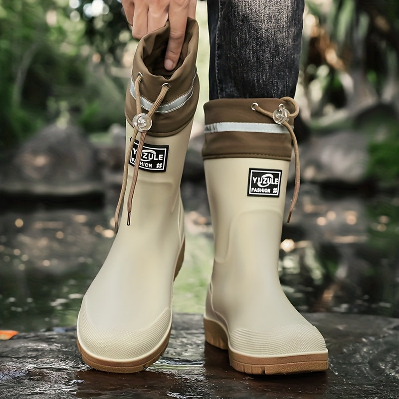 Men's Rubber Rain Boots - Mid-Calf Waterproof - Drawstring Collar