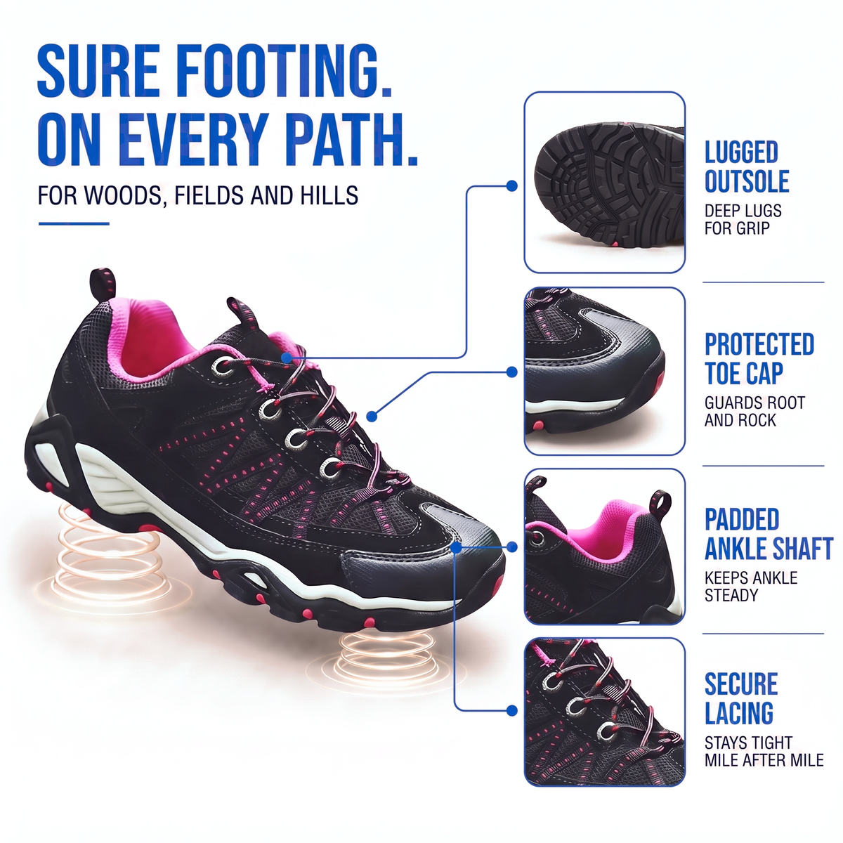 Women's Hiking Shoes - Lugged Sole - Suede & Mesh