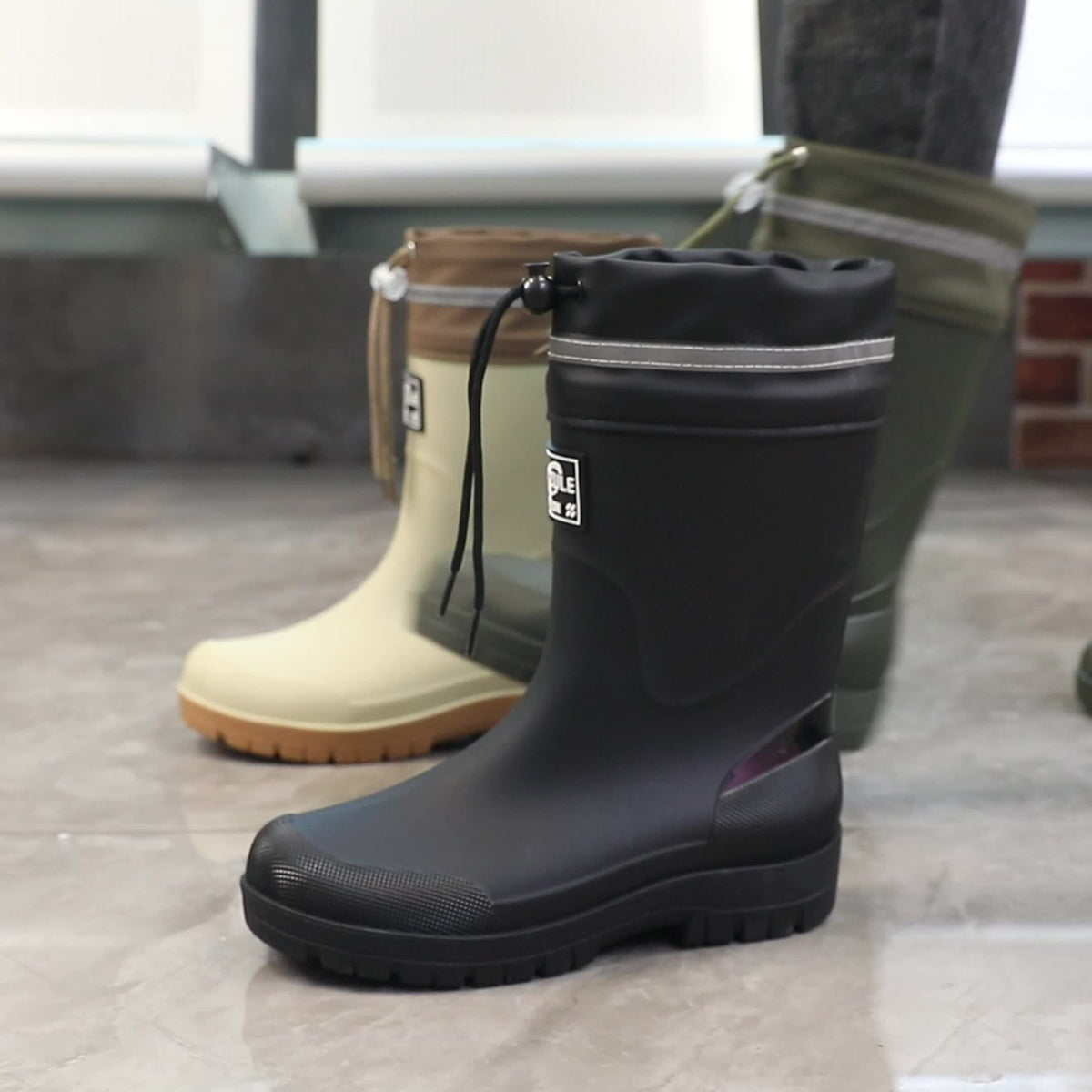Men's Rubber Rain Boots - Mid-Calf Waterproof - Drawstring Collar