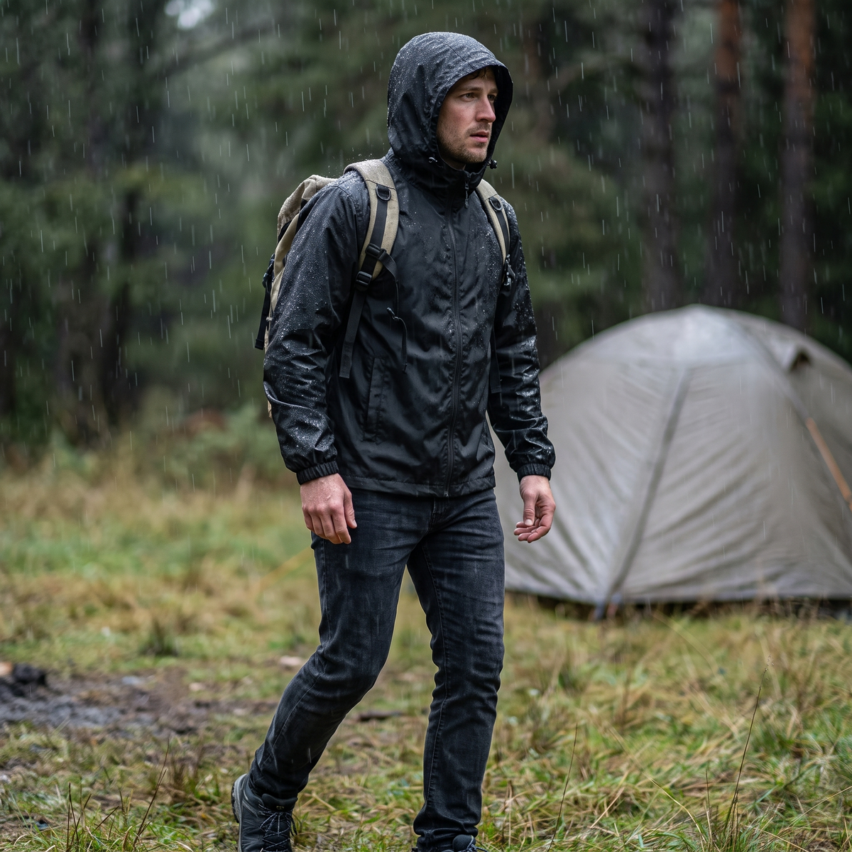 Men's Rain Jacket - Lightweight & Packable - Windproof with Hood