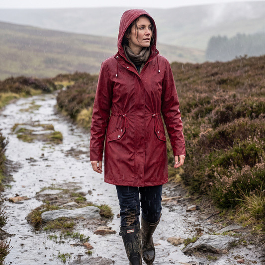 Women's Long Raincoat - Water-Repellent & Plaid Lined - Drawstring Waist