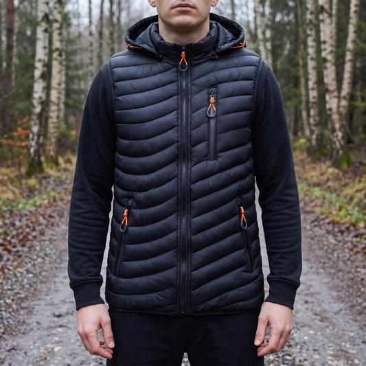 Men's Puffer Vest with Hood - Lightweight Quilted Warmth - Three Zip Pockets
