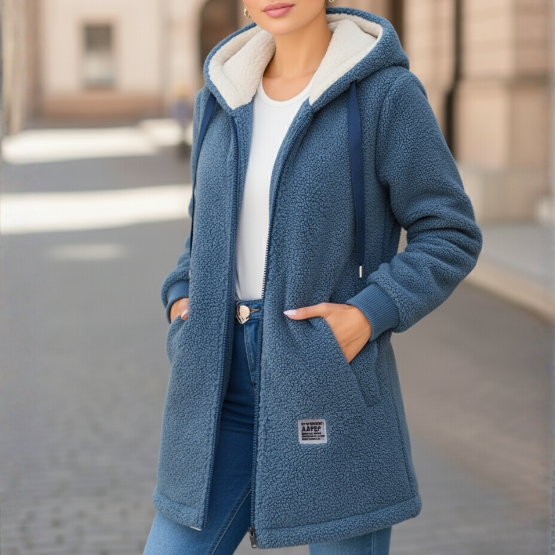 Women's Fleece Jacket with Hood - Soft Teddy Fleece - Two Pockets