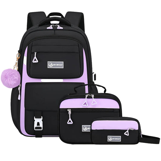 Girls School Backpack Set - 3-in-1 with Lunch Bag - USB Charging Port