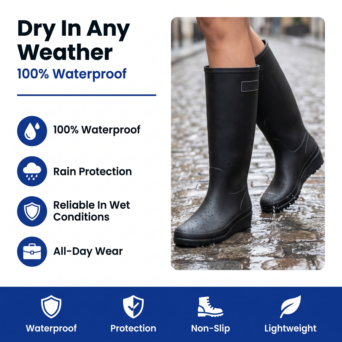Women's Rubber Rain Boots - Waterproof & Slip-On - Non-Slip Sole
