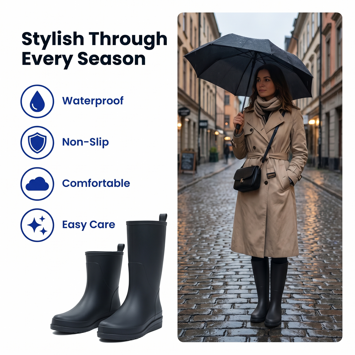 Women's Rubber Rain Boots - Waterproof & Slip-On - Non-Slip Sole