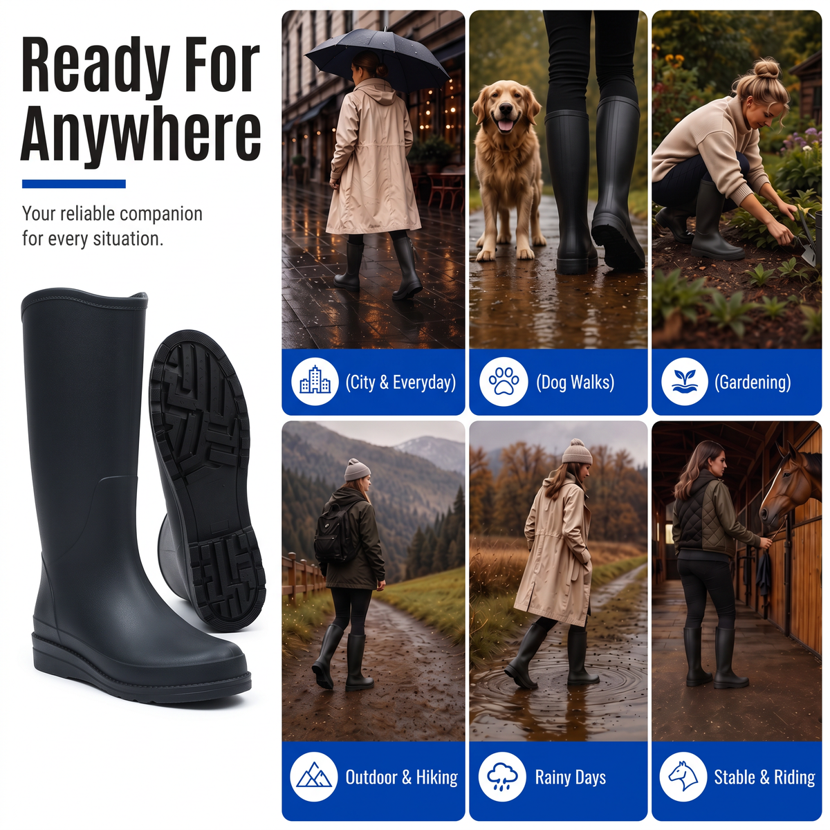 Women's Rubber Rain Boots - Waterproof & Slip-On - Non-Slip Sole