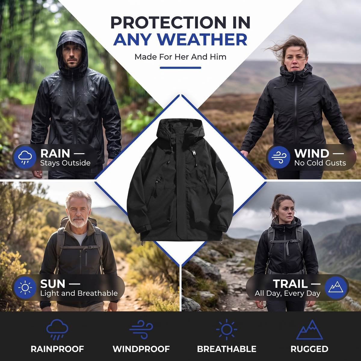 Waterproof Rain Jacket - Unisex Windbreaker with Hood
