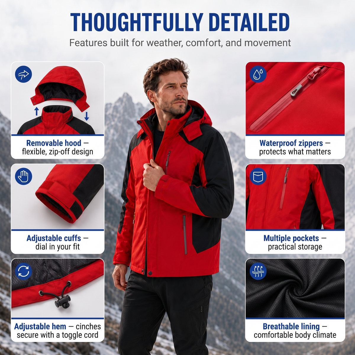 Men's Waterproof Rain Jacket - Windproof Shell - Removable Hood