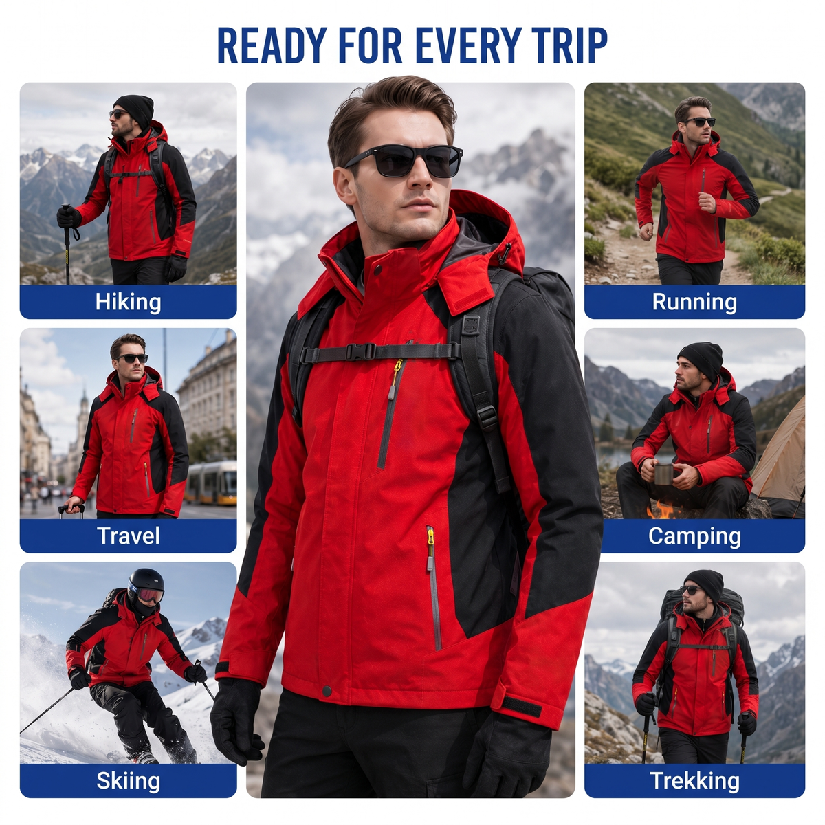Men's Waterproof Rain Jacket - Windproof Shell - Removable Hood