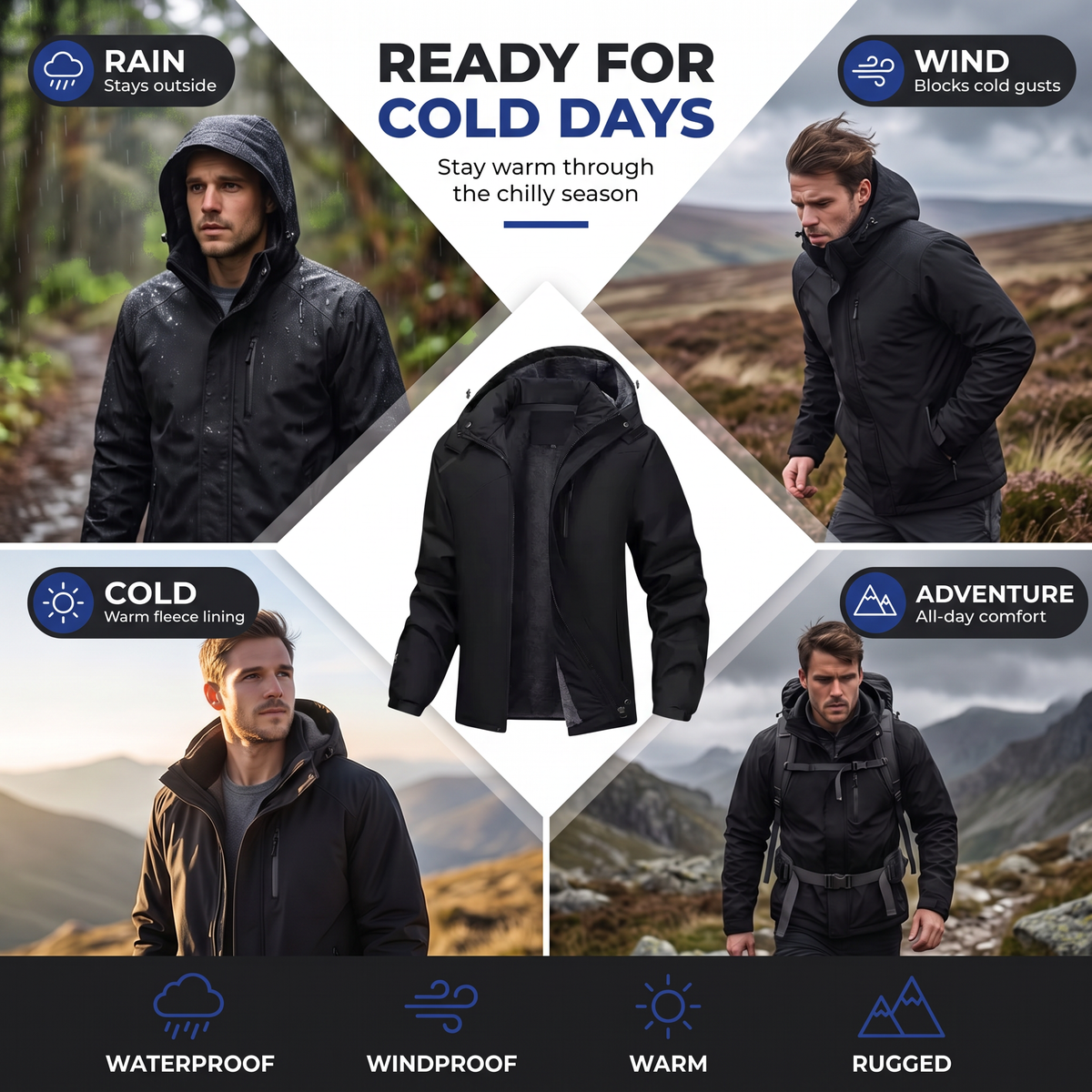 Men's Waterproof Jacket - Fleece-Lined & Windproof