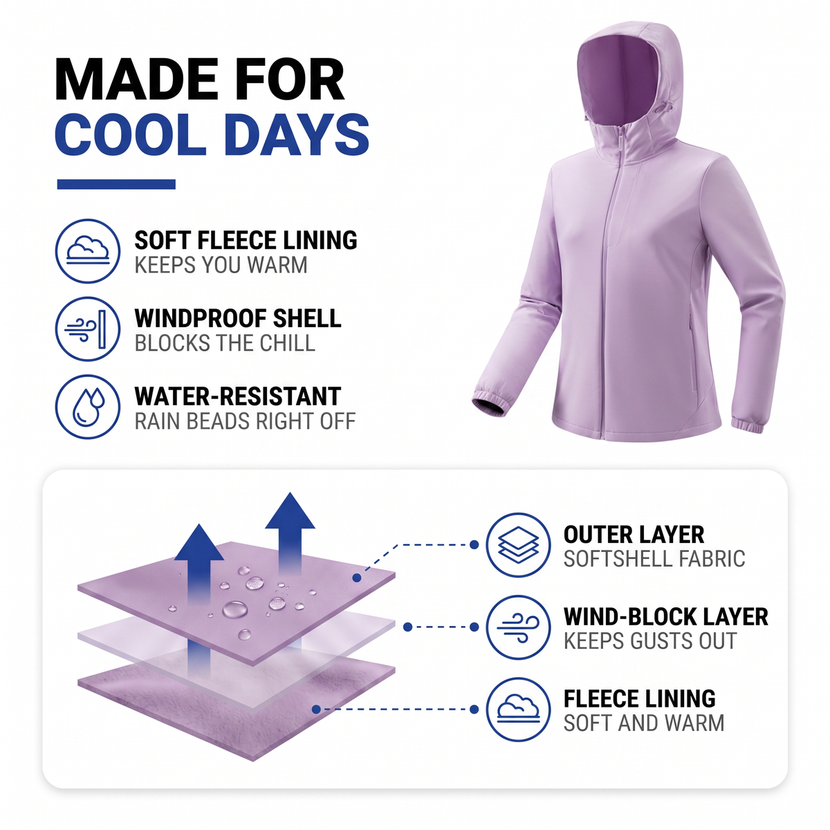 Women's Windbreaker Jacket - Fleece-Lined Softshell - Wind & Water-Resistant