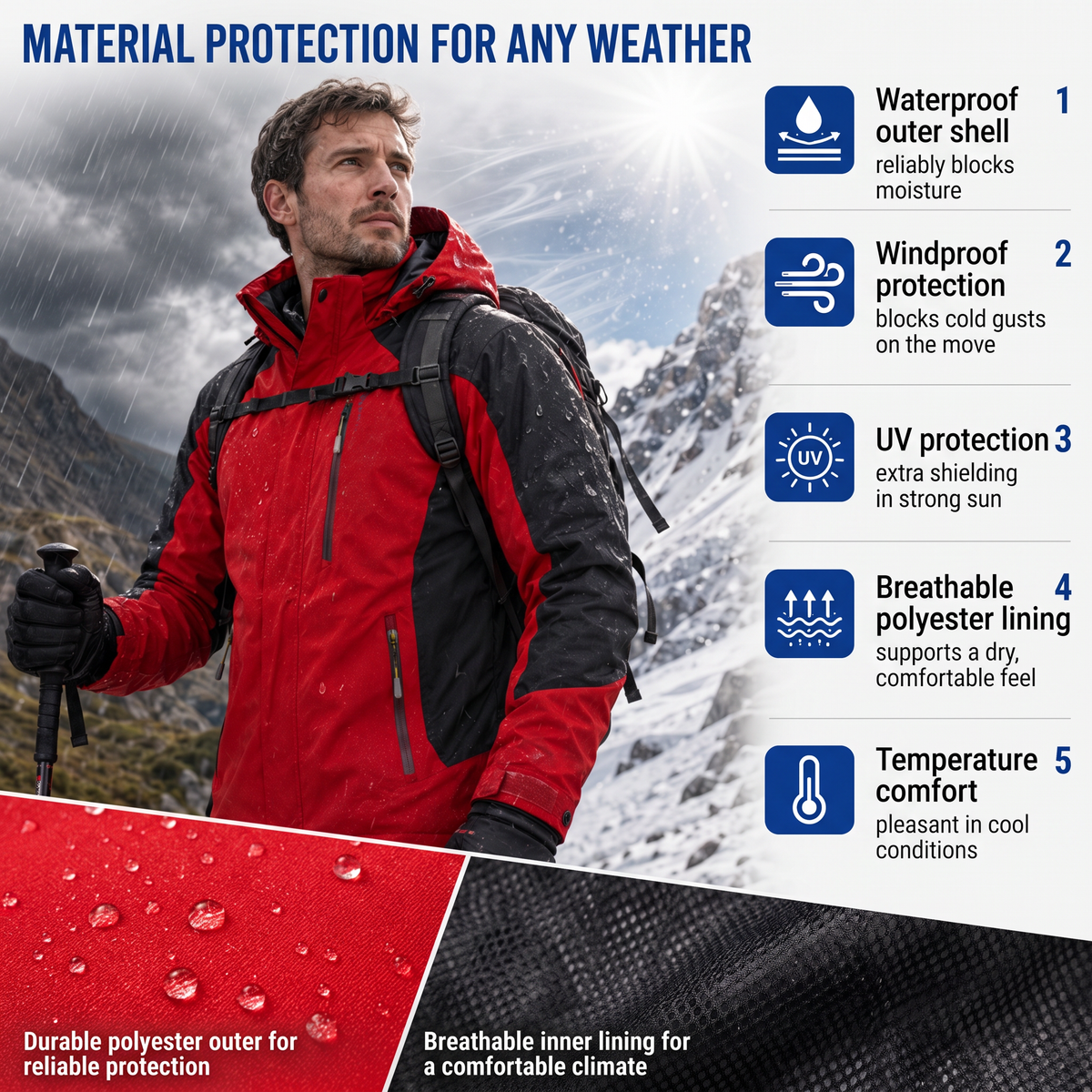 Men's Waterproof Rain Jacket - Windproof Shell - Removable Hood