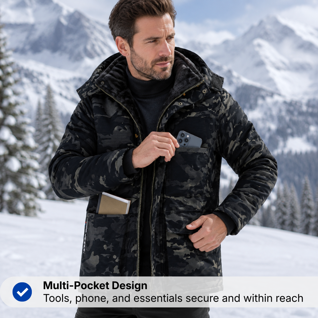 Men's Thickened Winter Coat - Detachable Hood - Multi-Pocket Workwear